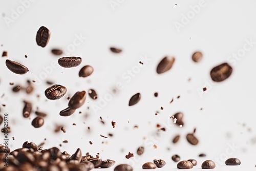 Falling coffee beans on white background with copy space