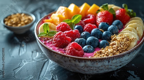 Wide angle smoothie bowl with colorful fruits and granola Perfect for promoting healthy breakfasts and snacks.