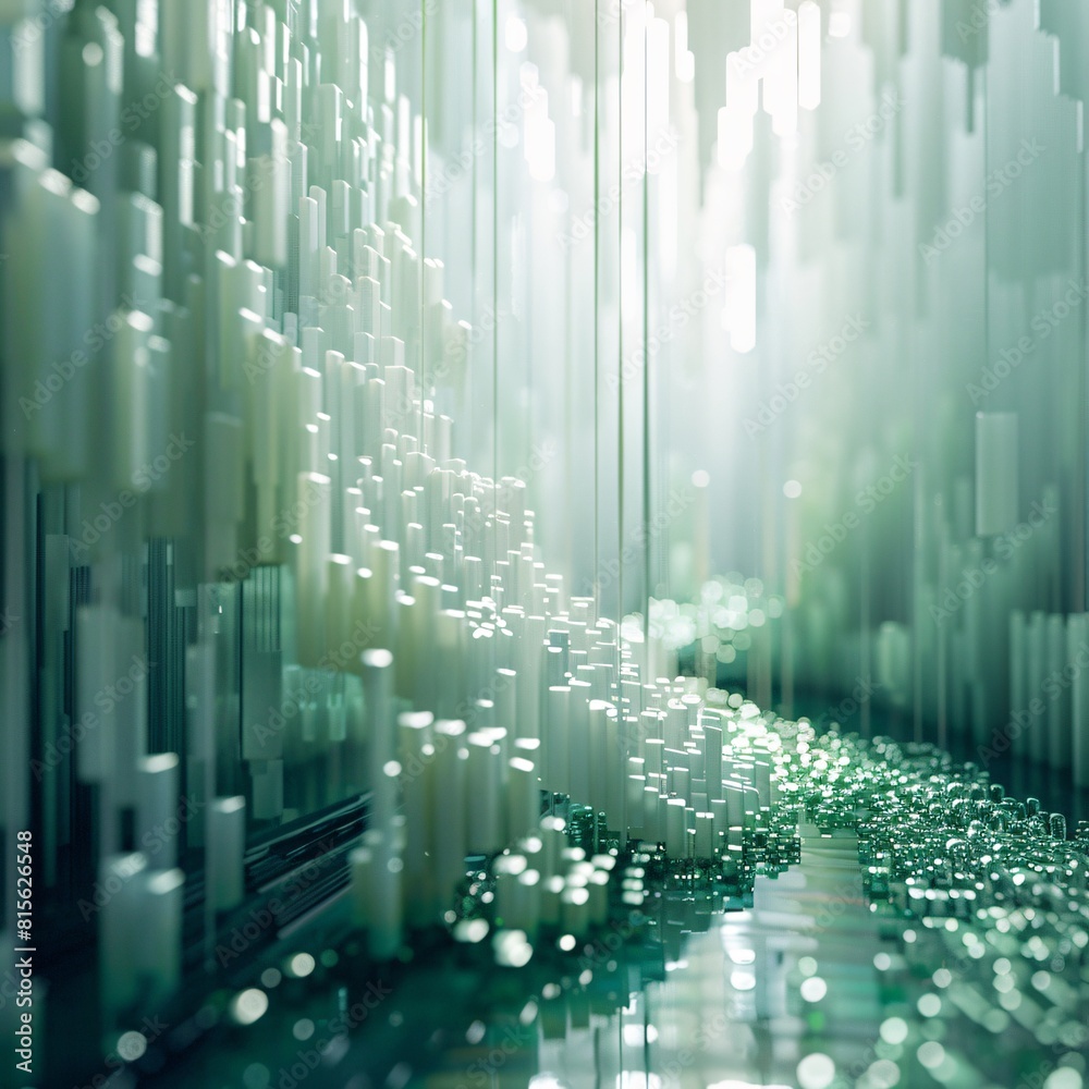3D rendering. Futuristic background with green and white glowing sticks. Abstract digital landscape.