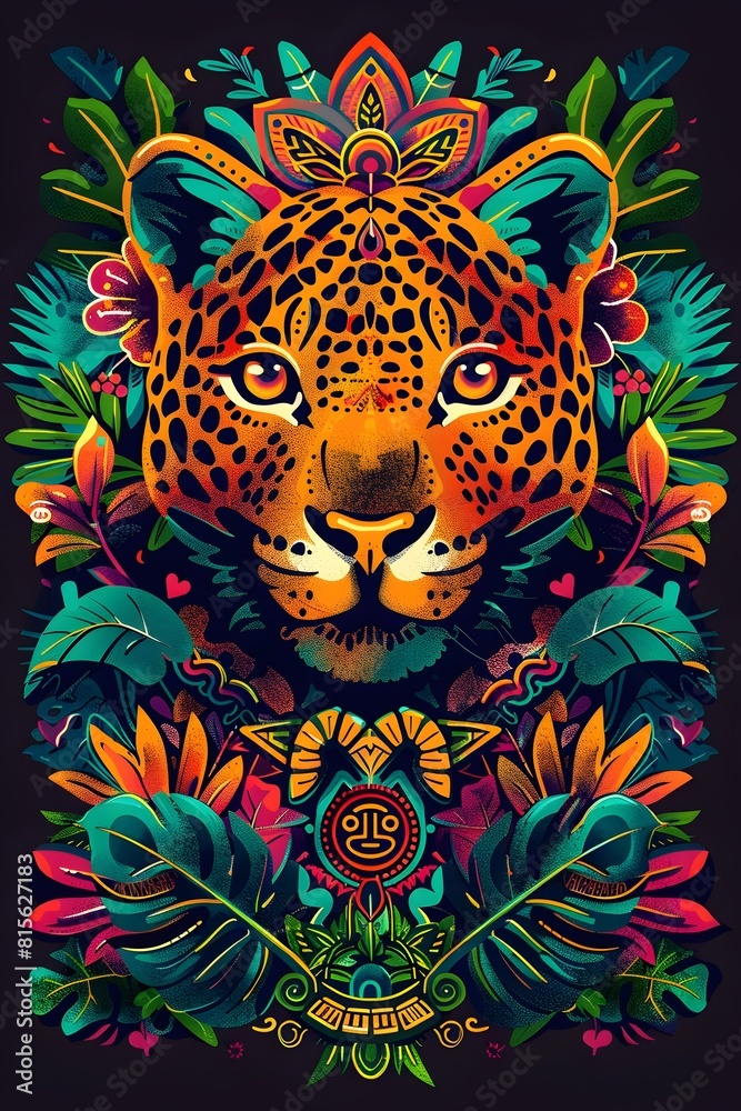 Stylized Jaguar with Mayan Hieroglyphs and Jungle Motifs on Vibrant Neon Background Stylized Jaguar with Mayan Hieroglyphs and Jungle Motifs on Vibrant Neon Background