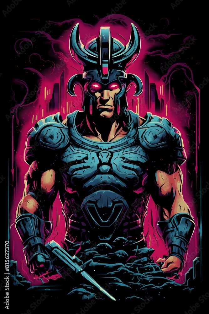 Theseus the Legendary Hero Who Defeated the Minotaur Depicted in Bold 80s Synthwave Graphic Tee Design Theseus the Legendary Hero Who Defeated the Minotaur Depicted in Bold 80s Synthwave Graphic Tee Design