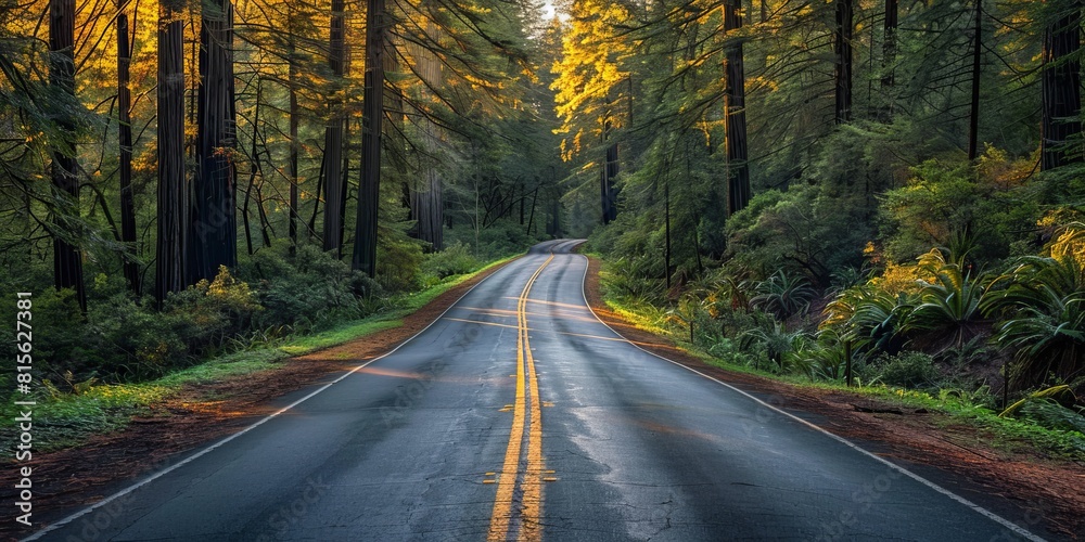 Scenic road in Redwood National Forest illustration Scenic road in Redwood National Forest illustration