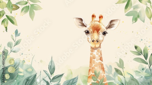 Cute giraffe head on watercolor background with copy space. Watercolor cartoon painting