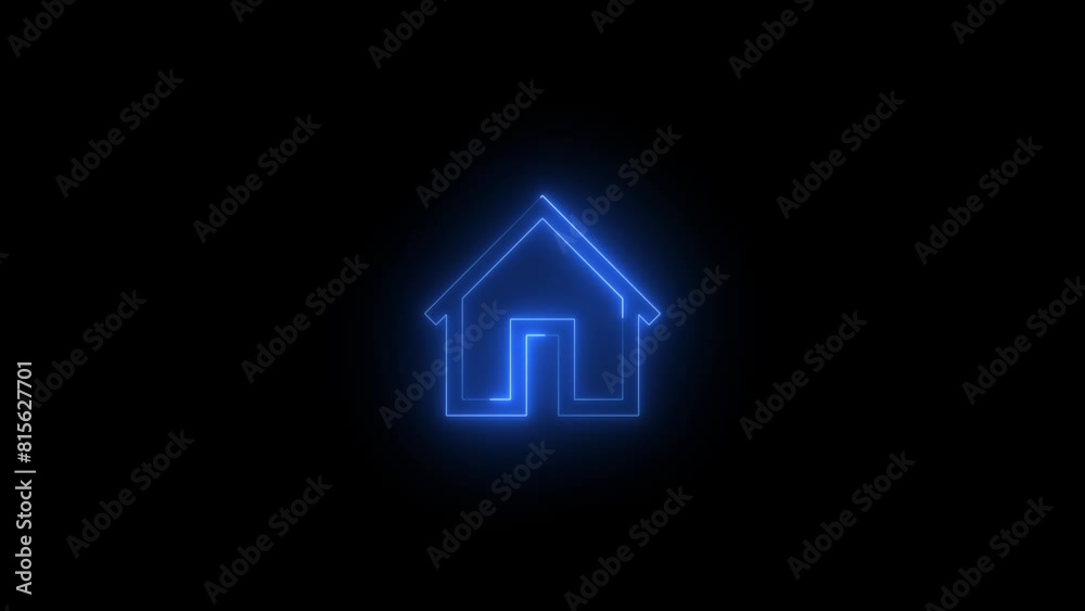 Neon glowing blue color home icon on black background animation Neon glowing blue color home icon on black background animation