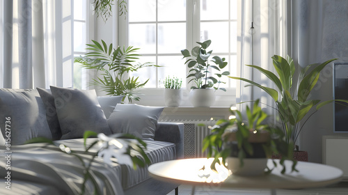 Beautiful interior of living room with cozy grey sofas table and houseplants near window : Generative AI