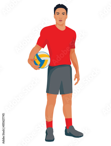 Isolated figure of Asian volleyball player who stands straight with a ball in his hand