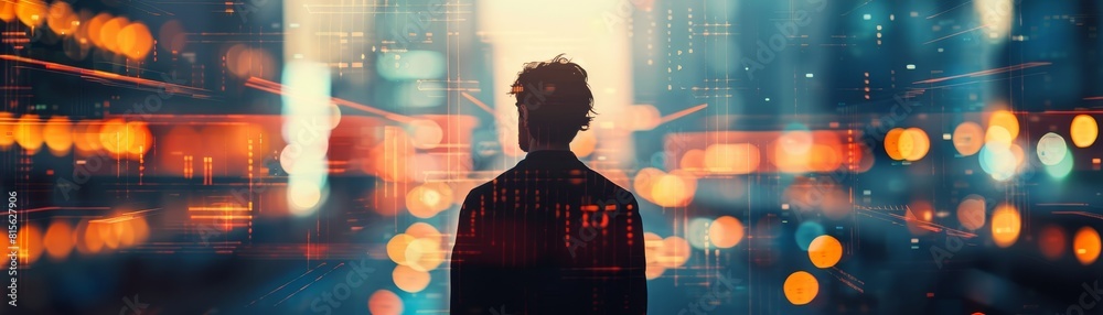 Fototapeta premium Silhouette of a person with a cityscape and stock market lines overlaid