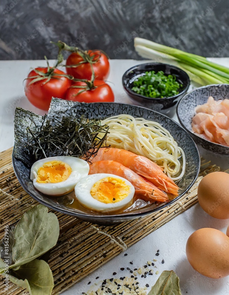 fried eggs with bacon and vegetables, ingredientes ramen tradicional japones fondo blanco, huevos salmón tallarines alga nori langostino y verduras frescas, sopa de miso con fideos fried eggs with bacon and vegetables, ingredientes ramen tradicional japones fondo blanco, huevos salmón tallarines alga nori langostino y verduras frescas, sopa de miso con fideos