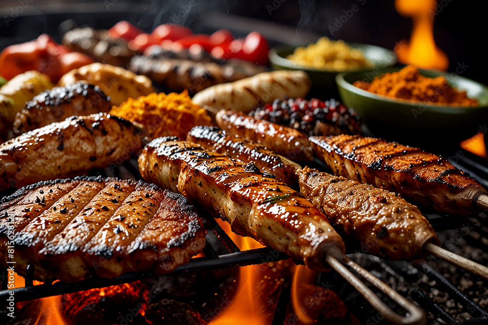 close-up shots food of exotic , experience of sizzling grills and aromatic spices.