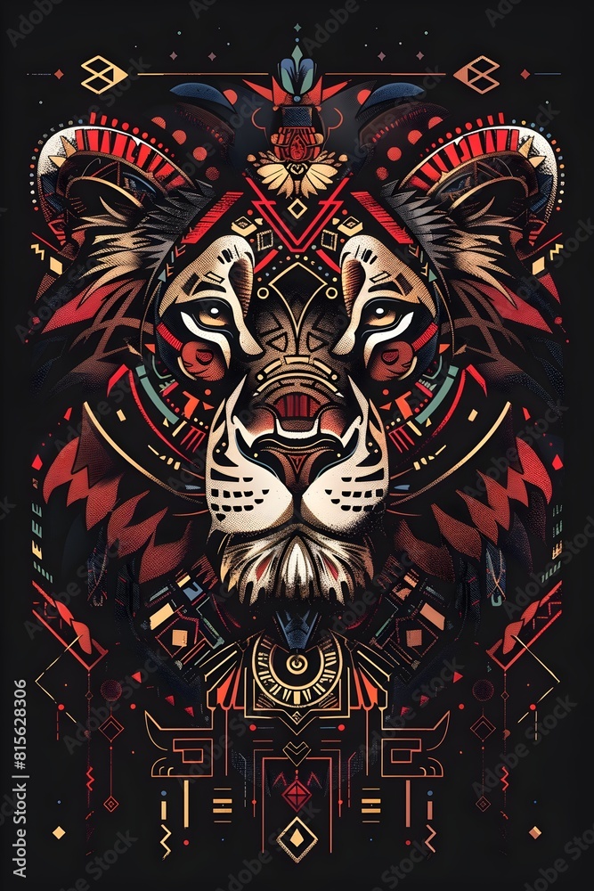 Fototapeta premium Vibrant African Tribal Tattoo Design with Symbolic Adinkra Patterns and Iconic Wildlife