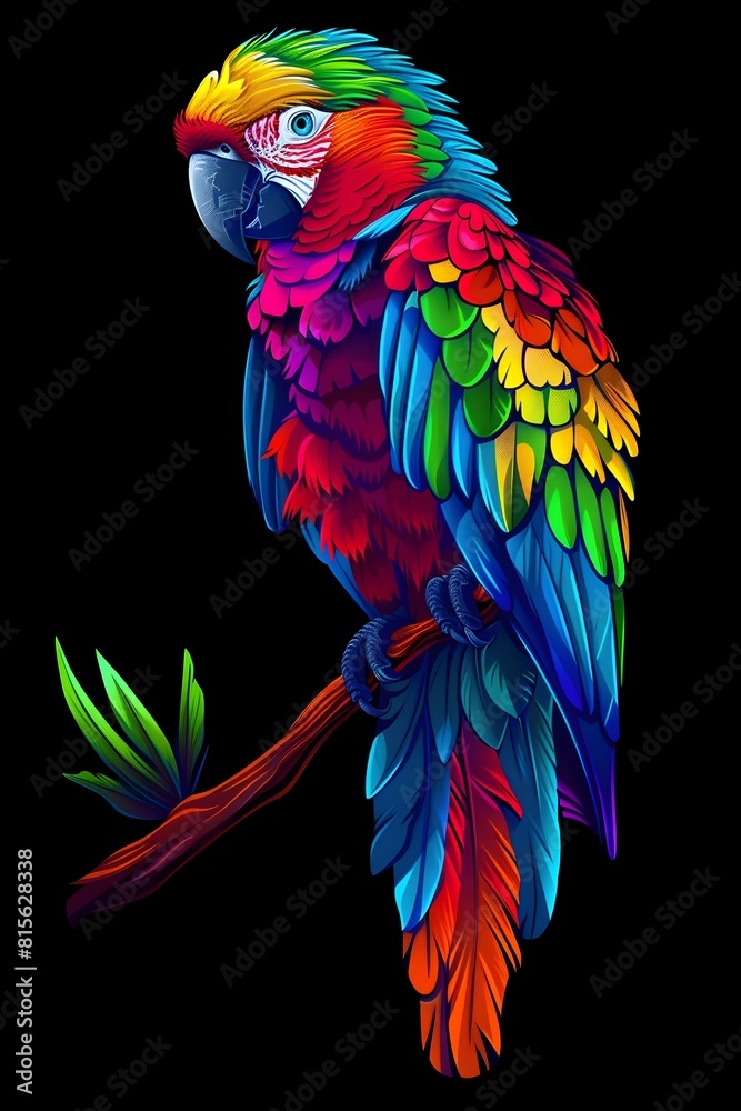 Obraz premium Vibrant and Cheeky Parrot Perched on Tropical Branch with Neon Synthwave Background