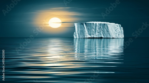 Render a scene of a massive tabular iceberg, resembling a floating cityscape with towering cliffs and deep crevasses. photo
