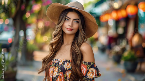 Beautiful attractive Mexican young woman walking in a Mexican city. Generative AI