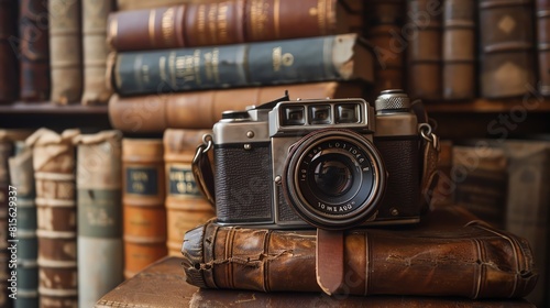 A vintage camera sits on a stack of old books in a library. The camera is made of metal and has a brown leather strap. photo