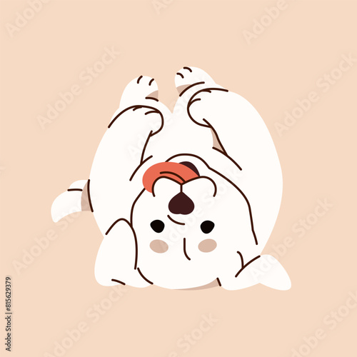 Cute Labrador retriever puppy lying on back with smile face. Happy white dog plays, shows tongue. Playful pup has fun. Friendly doggy, funny pet, domestic animal. Flat isolated vector illustration