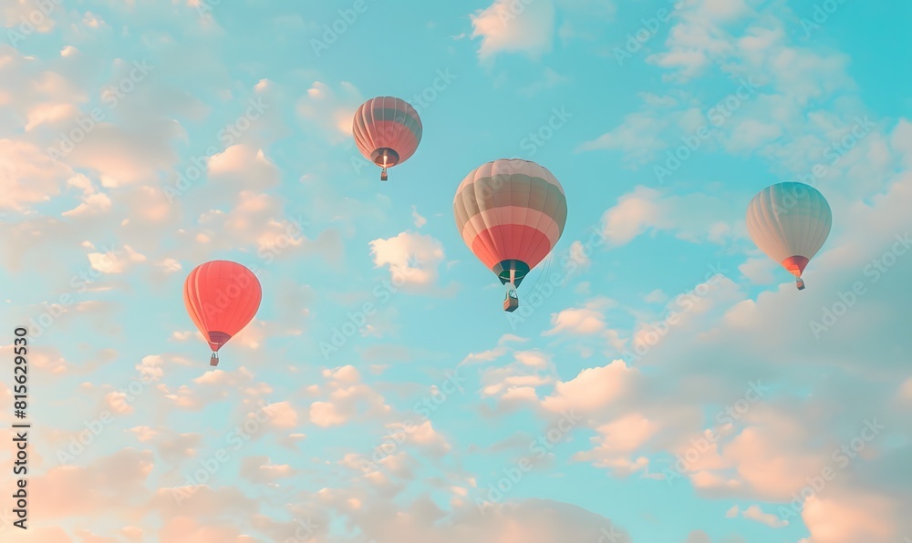 Obraz premium air balloons in pastel colors floating in a cloudy sky, Generative AI