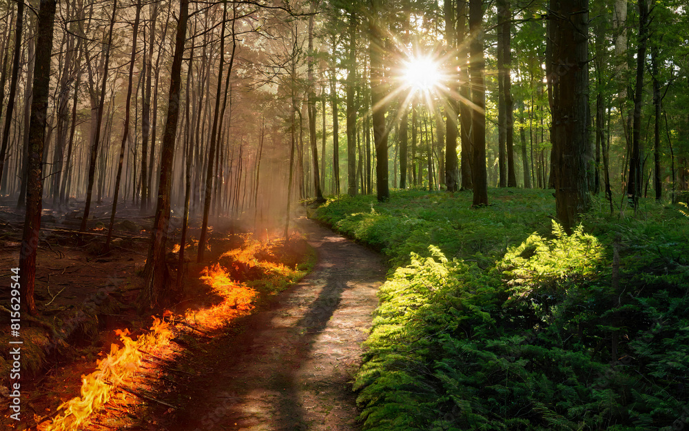 Obraz premium pine forest before and after the fire. ecology, environment, environmental protection