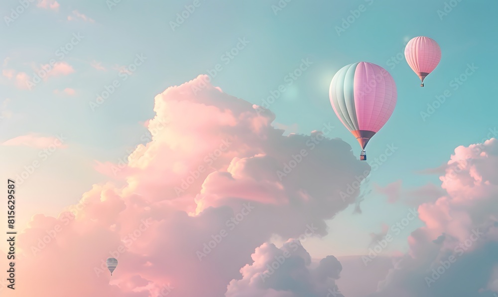 Obraz premium air balloons in pastel colors floating in a cloudy sky, Generative AI