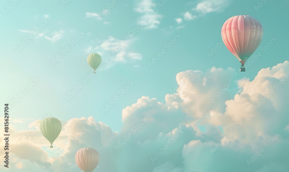 Obraz premium air balloons in pastel colors floating in a cloudy sky, Generative AI
