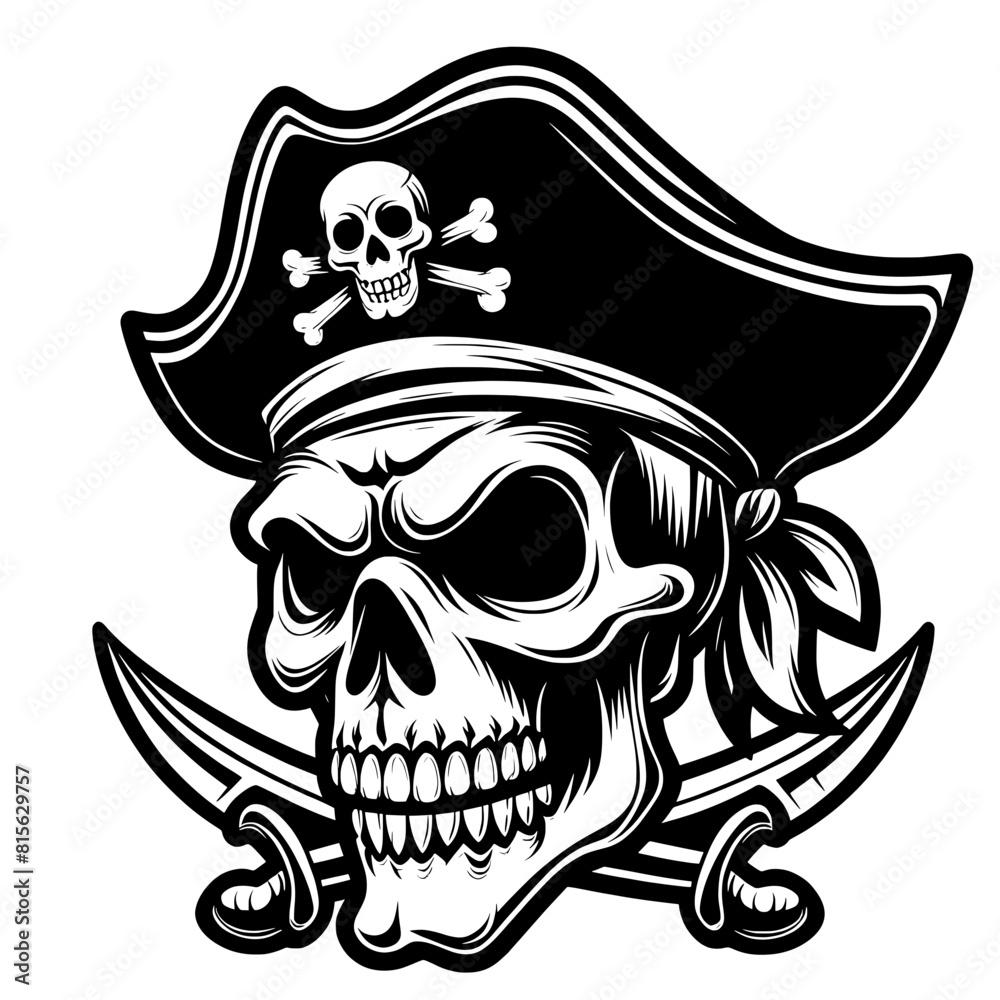 Black and white cartoon Pirate skull Vector SVG Generative AI Stock ...