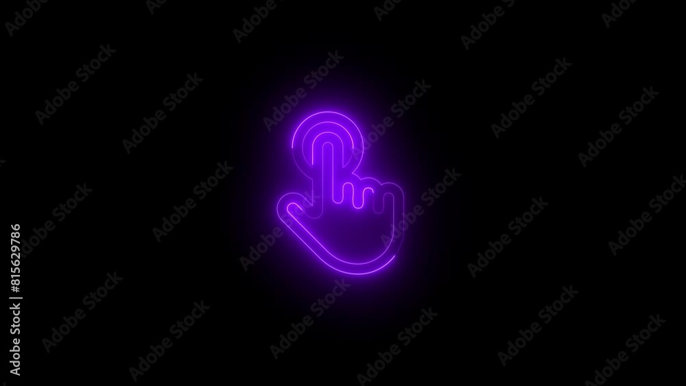 Neon glowing purple color hand touch icon on black background animation Neon glowing purple color hand touch icon on black background animation