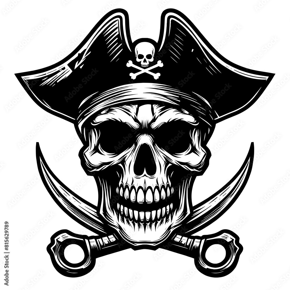 Fototapeta premium Black and white cartoon Pirate skull Vector SVG Generative AI