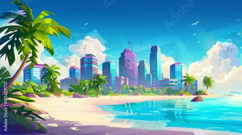 A tropical landscape with a beach, palm trees and city skylines on the horizon. Modern illustration of a summer seascape with a skyline showing skyscrapers on an island.