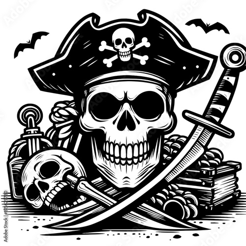 Black and white cartoon Pirate skull Vector SVG Generative AI