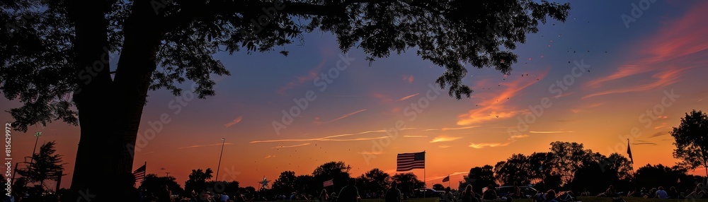 cattered picnic blankets and groups of people enjoying themselves create a sense of community. American flags flutter gently in cattered picnic blankets and groups of people enjoying themselves create a sense of community. American flags flutter gently in