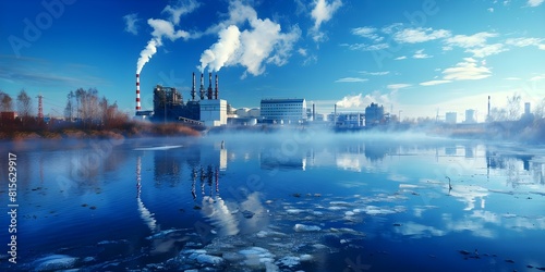 Chemical plant causing toxic pollution waste and contamination in water and soil. Concept Chemical Pollution, Environmental Contamination, Toxic Waste, Soil Degradation, Water Pollution photo