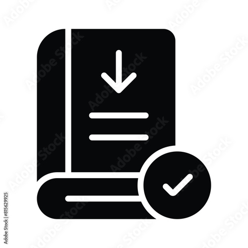 Down arrow on book with tickmark, concept icon of book download