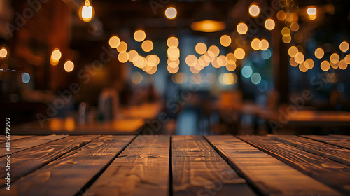 Empty wooden table mockup with cafe background blur lighting