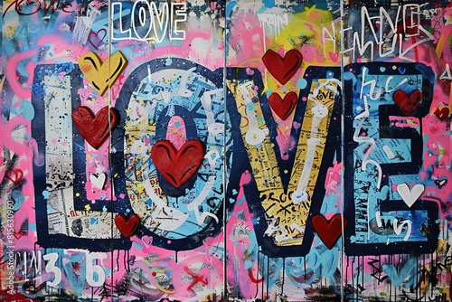 A large painting with the word LOVE written in different colors and bold letters graffiti