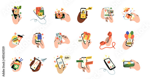 Hand hold smartphone. Mobile photo camera. Send message online. Devices in fingers, food delivery, sale and discount, video call and chat. Cartoon flat style isolated vector gadget illustration set
