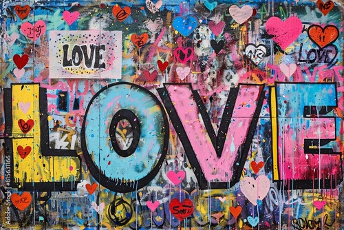 A large painting with the word LOVE written in different colors and bold letters graffiti photo