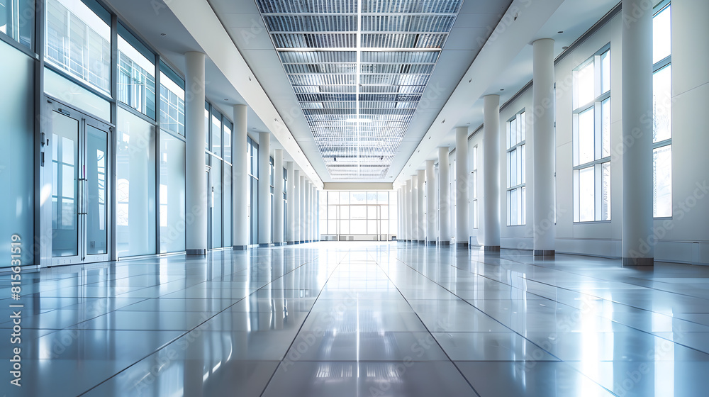 panorama view in empty modern hall with columns doors and panoramic windows : Generative AI panorama view in empty modern hall with columns doors and panoramic windows : Generative AI