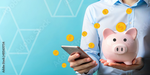 Abstract background. Mobile Banking concept of saving money with gold coins and for businessmen with the development of future savings to invest. blue, financial planning, website, 3d rendering