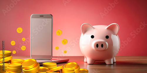 Abstract background. Mobile Banking concept of saving money And a piggy bank and a smartphone are placed next to a pile of gold coins. red, Money saving, planning, Finance, Investment, 3d rendering