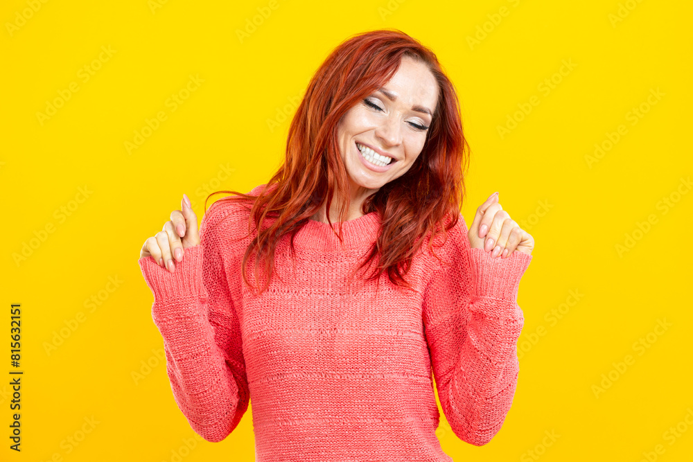 Photo of ecstatic lady in Coral Knitted Sweater Shouting Loud Yeah Fist up Raising Or Win Lottery WIth Lifted hands Isolated Over Yellow background Photo of ecstatic lady in Coral Knitted Sweater Shouting Loud Yeah Fist up Raising Or Win Lottery WIth Lifted hands Isolated Over Yellow background