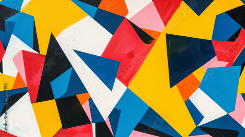 Bold  angular shapes in primary colors  arranged in a striking and modern abstract design on a white background.