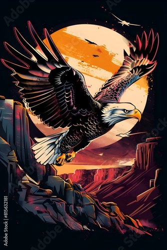 Powerful Bald Eagle Soaring Gracefully Over Dramatic Canyon Backdrop photo