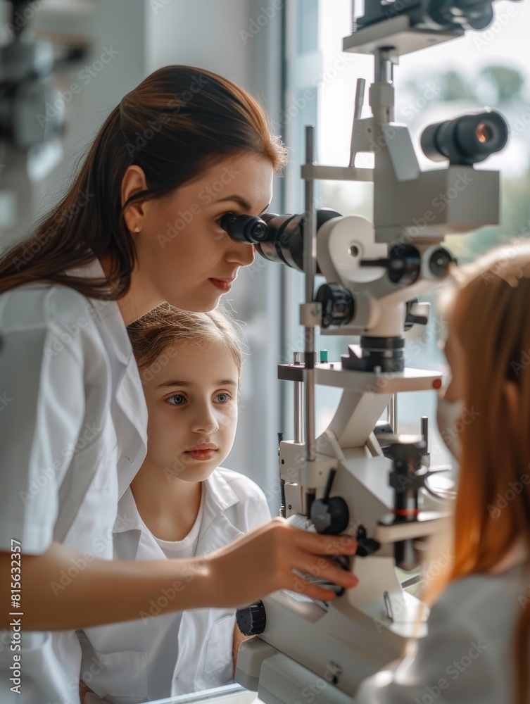Female optometrist in a clinical setting carefully checks a young girl's vision using ophthalmic equipment. Female optometrist in a clinical setting carefully checks a young girl's vision using ophthalmic equipment.