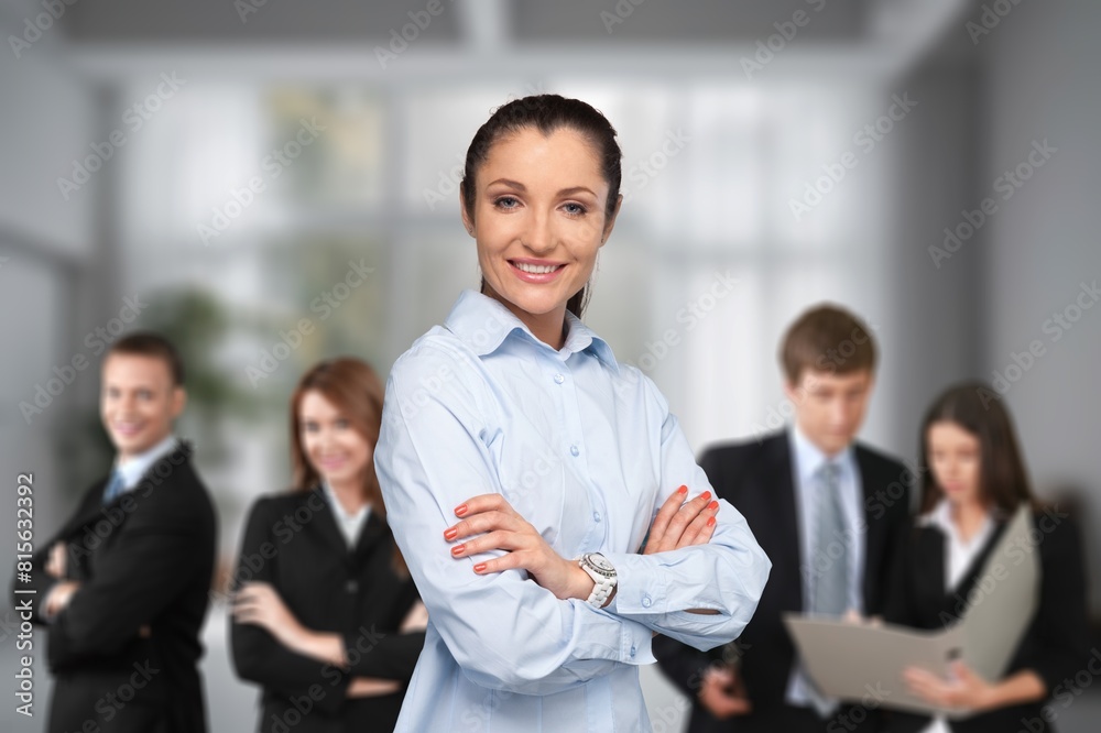 Excited overjoyed business people team together in office Excited overjoyed business people team together in office