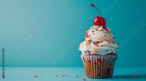 Sundae cupcake with cherry on top and colorful sprinkles isolated on a blue background photo