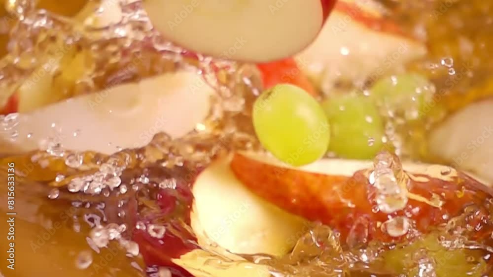 close up of natural apples, pears quarters and grapes falling in juice, advertising of fruit juice splashing, super slow motion