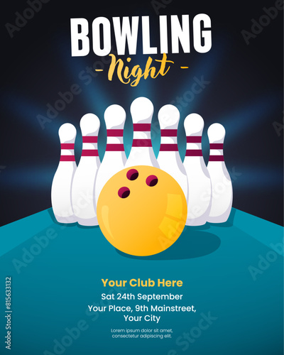 Vintage vector illustration of a bowling alley with pins and a ball. Bowling poster template for a club.