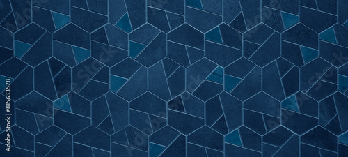Abstract colored dark blue bright geometric hexagonal hexagon mosaic cement stone concrete tile wall texture background banner photo
