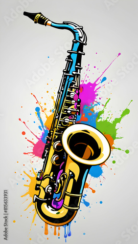 Saxophone with colorful drops and splash in the background