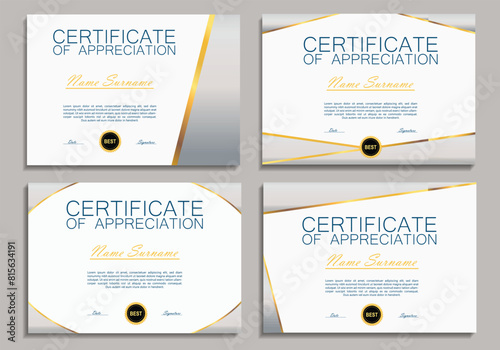 Certificate of achievement design template set with gold badge and silver border.