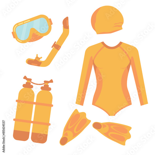 Set of Diving Equipment. Snorkeling Masks, Scuba Diver Tools Underwater Glasses, Mouthpiece Tube for Swimming, Flippers. 